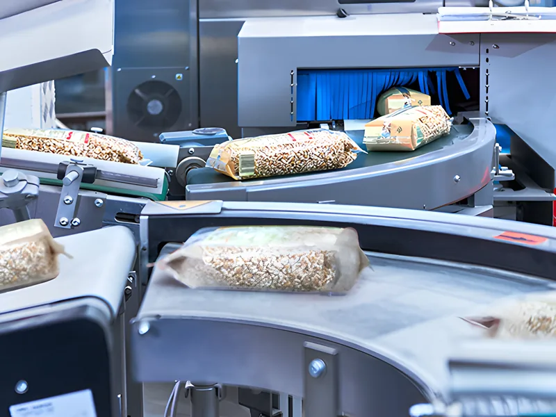 Abgepackte Müslibeutel auf der Verpackungslinie